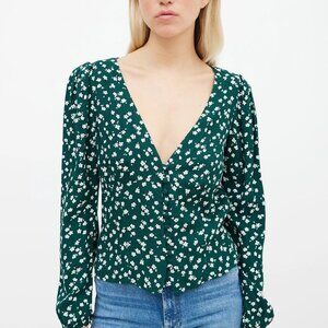 Reformation Green & Cream Nell Floral V-Neck Blouse